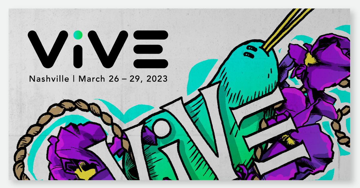 Infographic showing the ViVE logo with dates from the ViVE 2023 healthcare conference