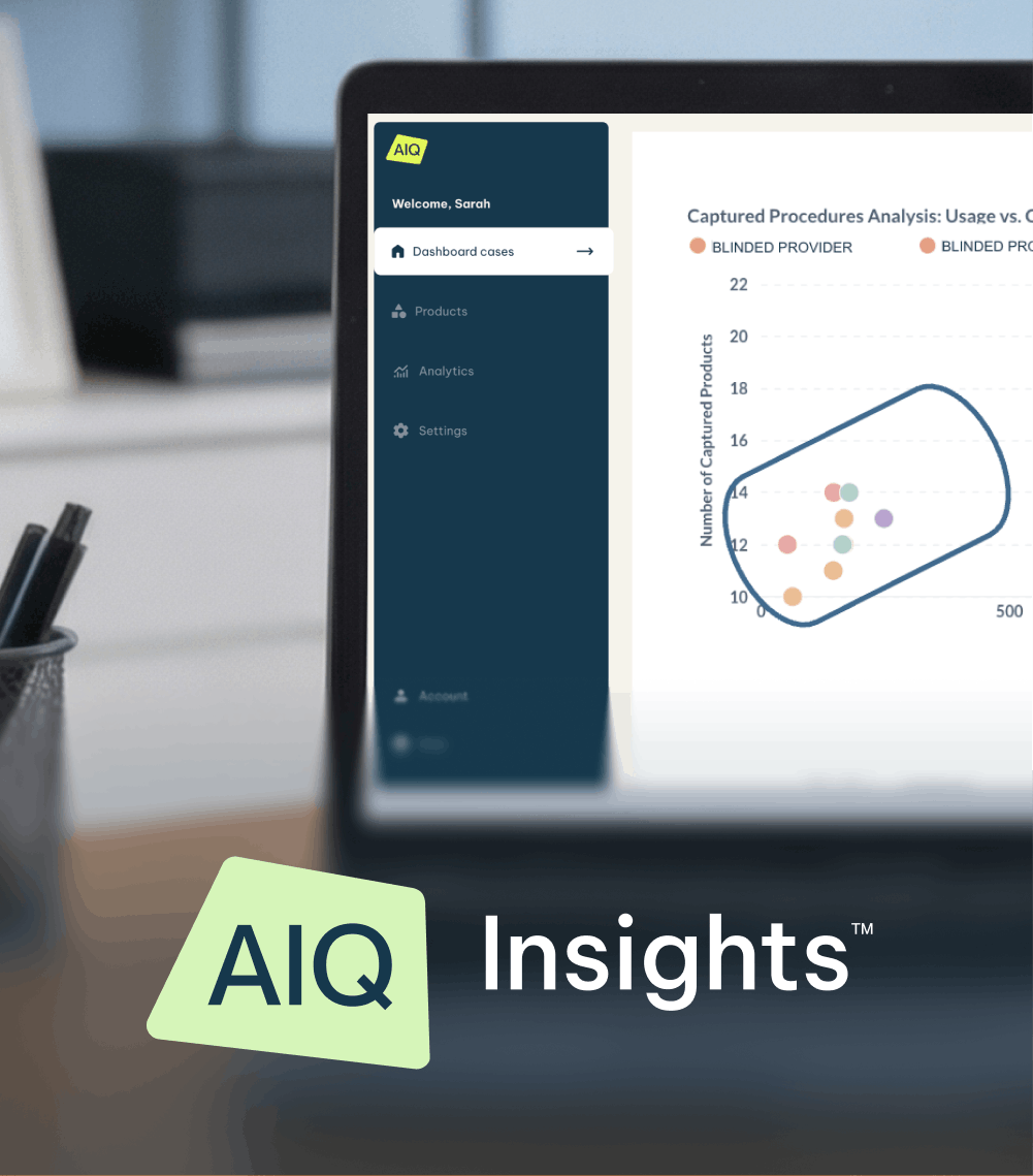 AssistIQ Insights product screen showing variation in supply usage by case in a health system office setting