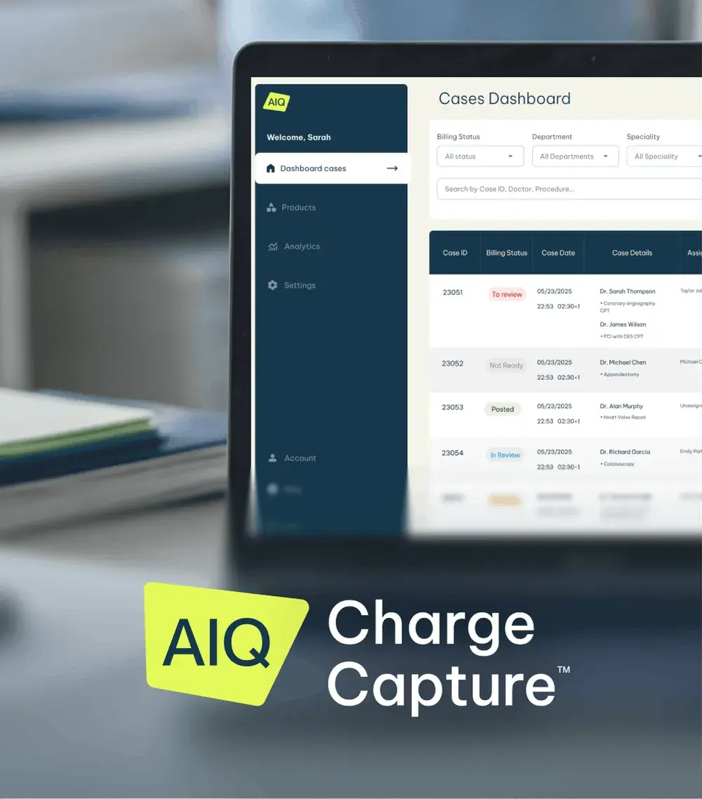 AssistIQ charge capture product shown on a laptop with a user interface for charge review and submission in a hospital setting